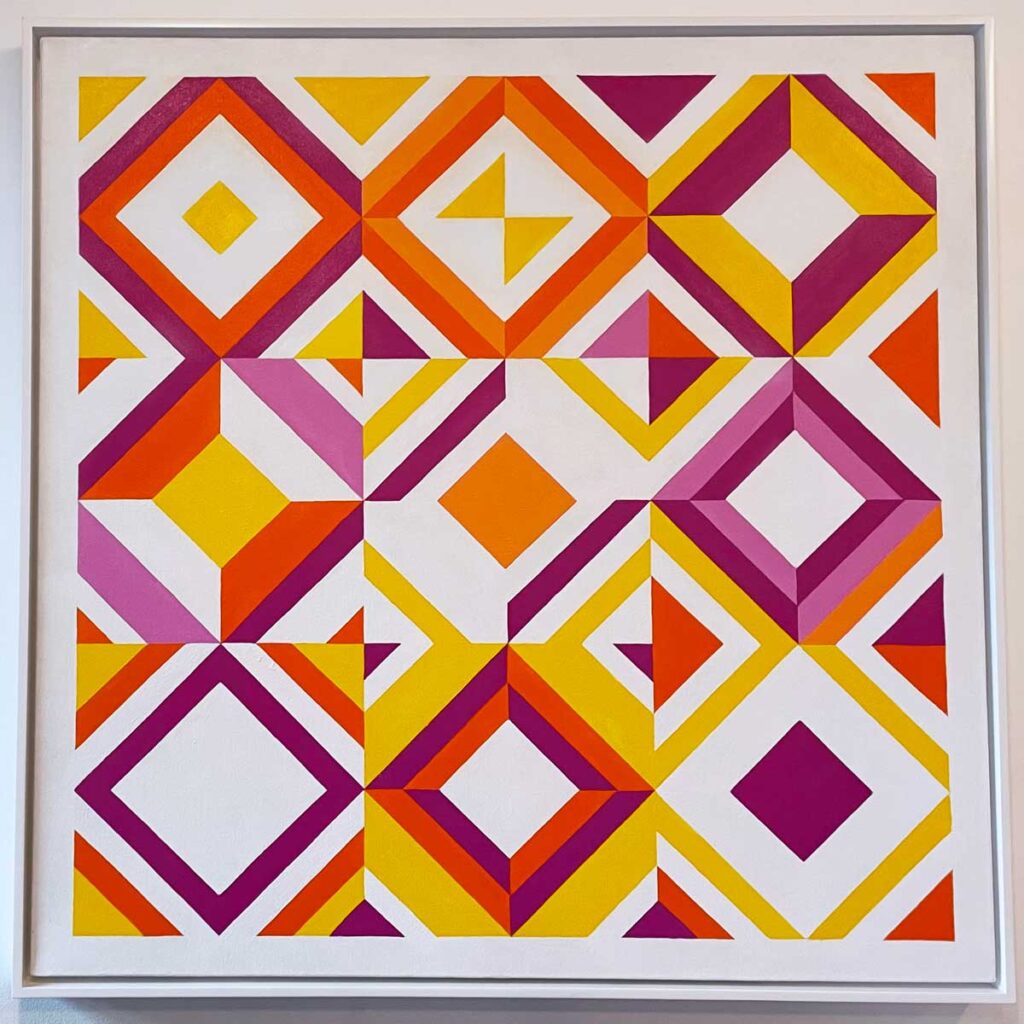 Painting of orange, yellow, and purple diamond shapes