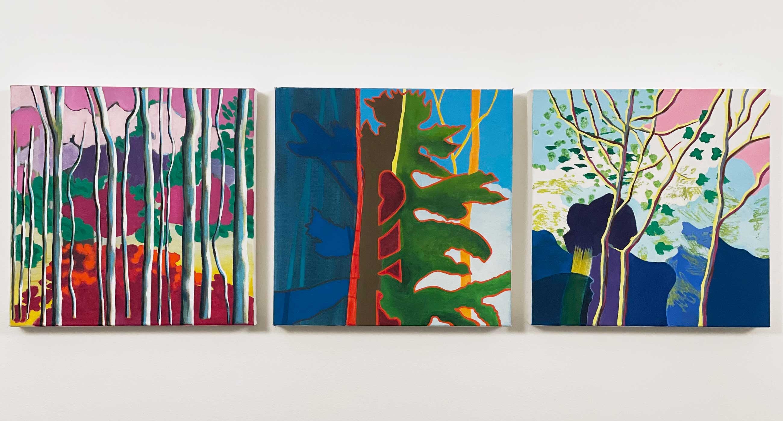 Triptych of paintings of trees next to lake