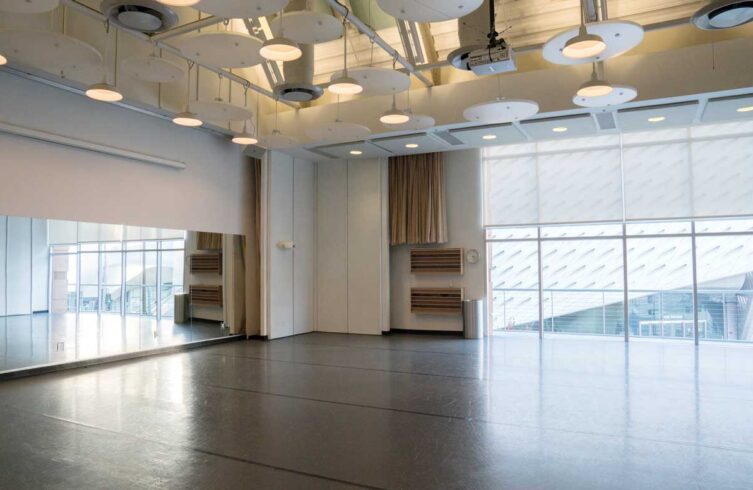 ballet studio with mirrors and floor to ceiling windows